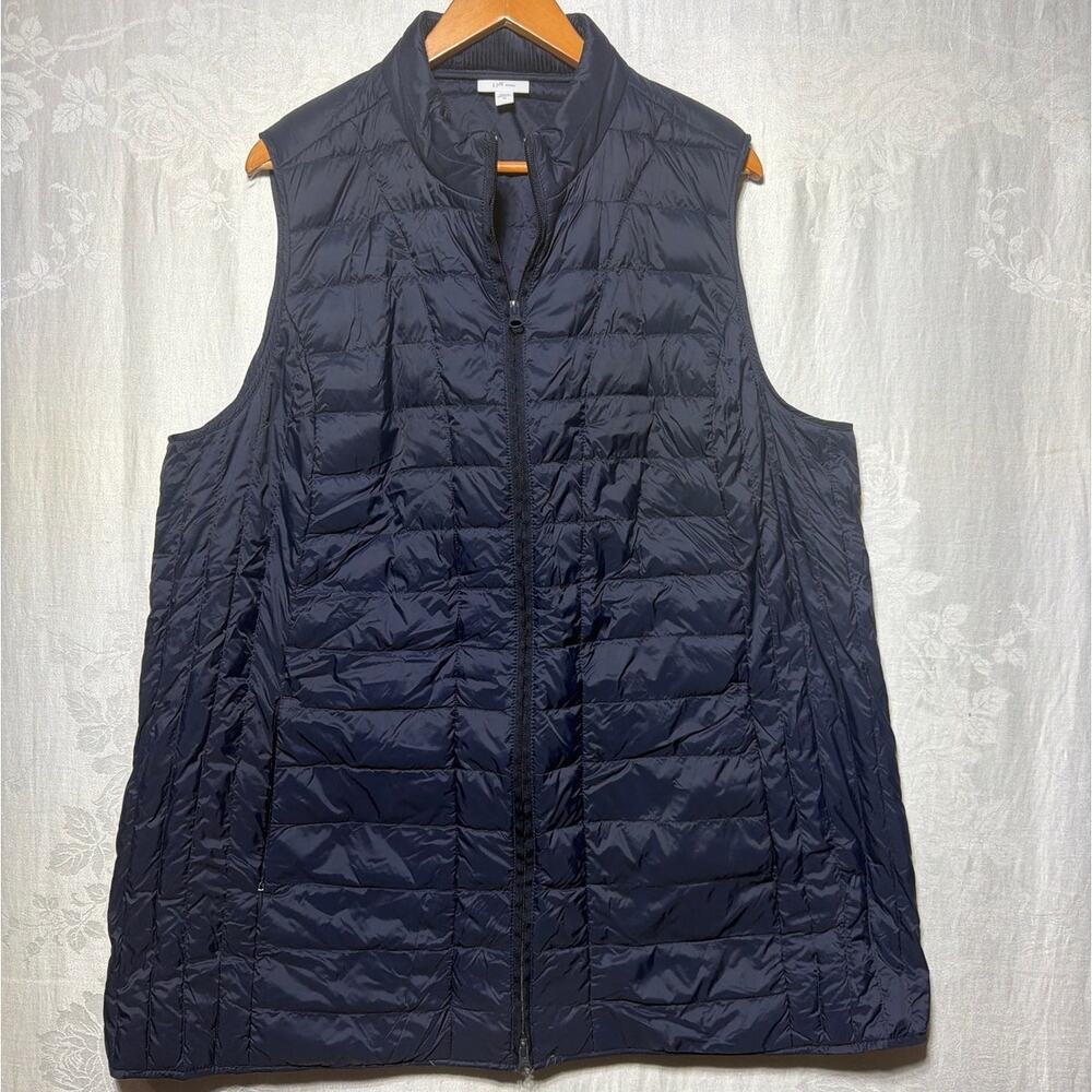 J Jill Down Puffer Vest 2X Navy Blue Long Full Zip Corduroy Collar Quilted